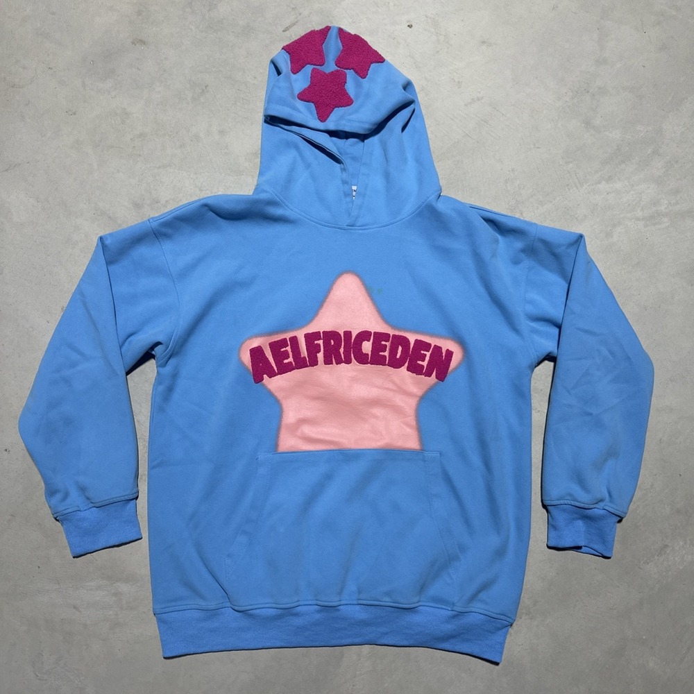AELFRIC EDEN Star Hoodie Blue Pink Men's SZ L Oversized Streetwear Y2K Felt Star